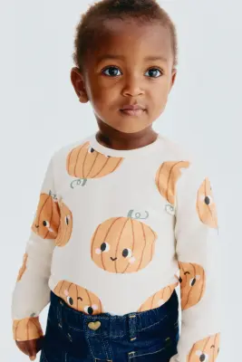Body imprimé en coton - Beige clair/citrouilles