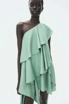 Robe asymétrique volantée - Vert ancien