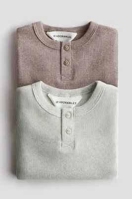 Lot de 2 T-shirts en coton avec col tunisien - Vert clair/beige