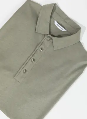 Pleated Tab Short Sleeve Poloshirt in Clay Eucalyptus & Cotton
