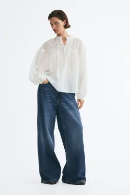 Blouse à manches ballon avec dentelle - Blanc