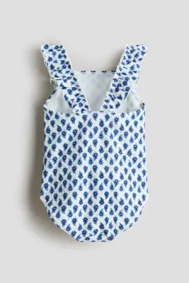 Maillot de bain texturé avec bords volantés - Blanc/bleu