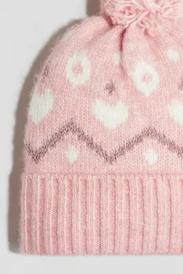 Bonnet à pompon en maille jacquard - Rose/motif