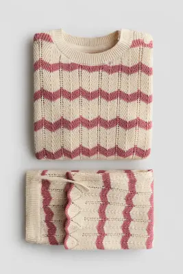 Ensemble 2 pièces en pointelle de coton - Beige clair/rayures roses