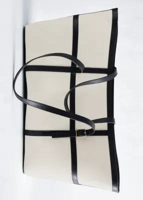 Sac cabas en toile à bordures en cuir - Blanc/Noir