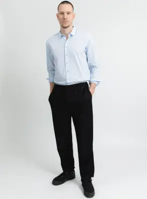 Elastic Pants with Stop Button in Black Fine Stripe Serge
