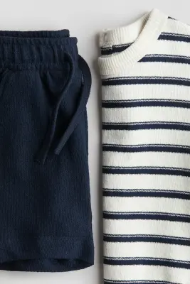 Ensemble 2 pièces en coton éponge - Bleu marine/rayé