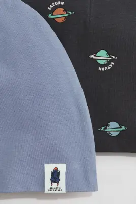 Lot de 2 bonnets en coton - Bleu ancien/planètes