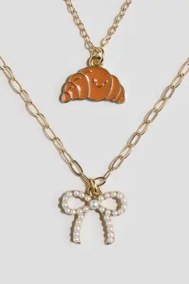 Collier à deux rangs avec pendentifs - Doré/croissant