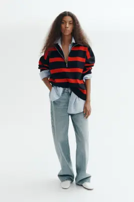 Pull à col zippé - Bleu marine/rayé