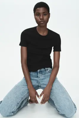 T-shirt ajusté en coton mélangé - Noir