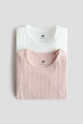 Lot de 2 bodies en pointelle de coton - Rose clair/blanc