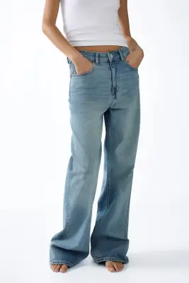 Wide High Waist Jeans - Bleu denim clair