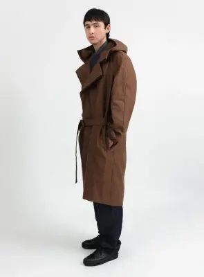 Trench Coat with Crossed Collar in Tobacco Waterproof 100% Linen Canvas
