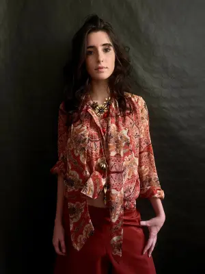 Chemise cravate en soie rousse