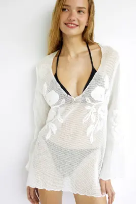 Robe de plage filet en coton - Blanc