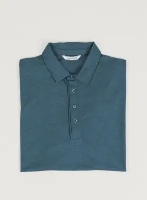Pleated Tab Short Sleeve Poloshirt in Petrol Blue Eucalyptus & Cotton