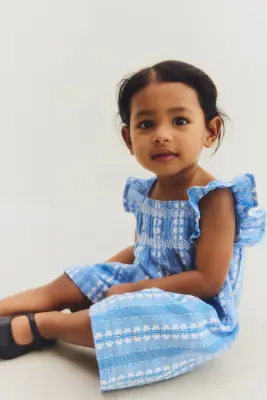 Robe en coton avec broderies - Bleu clair/blanc