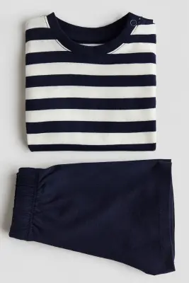 Ensemble 2 pièces en jersey de coton - Bleu marine/rayures blanches