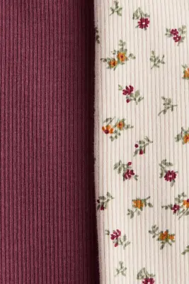 Lot de 2 leggings en coton côtelé - Prune/fleuri