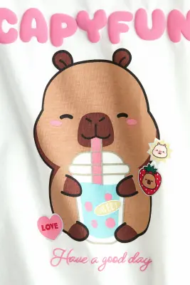 T-shirt en coton avec motif imprimé - Crème/Capyfun