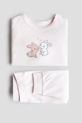 Lot de 2 pyjamas imprimés en coton - Rose clair/lapins