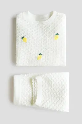Ensemble 2 pièces en pointelle de coton - Blanc/citrons