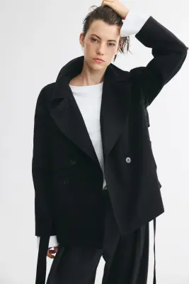 Trench-coat court avec ceinture à nouer - Noir