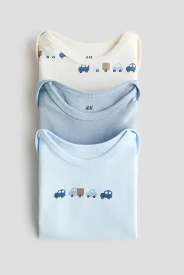 Lot de 3 bodies en coton avec encolure américaine - Bleu clair/véhicules