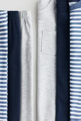Lot de 3 pyjamas en coton - Gris chiné/rayures bleu foncé