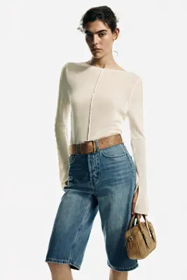 Short Bermuda en denim avec ceinture - Bleu denim