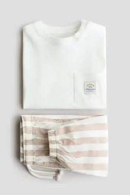 Ensemble 2 pièces en lin mélangé - Blanc/rayures beige clair