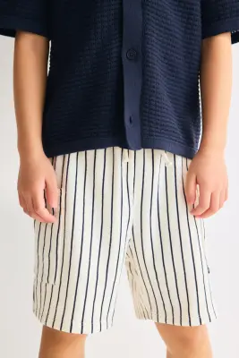 Short en jersey texturé - Crème/rayé