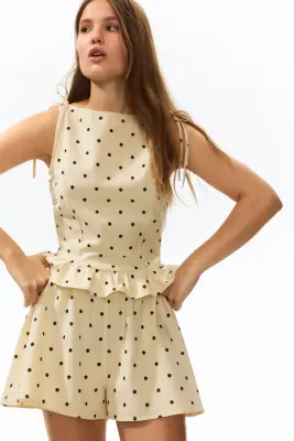 Short en lin mélangé - Jaune pâle/pois