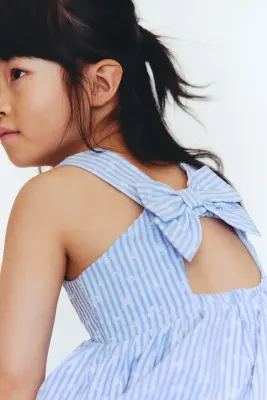 Robe en seersucker avec nœud - Bleu clair/rayé
