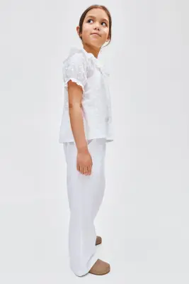 Pantalon en lin mélangé avec cordon de serrage - Blanc