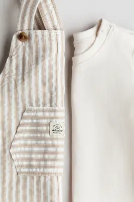 Ensemble 2 pièces salopette short et T-shirt - Blanc/rayures beiges