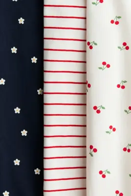 Lot de 3 pyjamas courts en coton - Bleu marine/cerises
