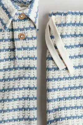 Ensemble 2 pièces en maille de coton ajourée - Bleu ancien/rayé