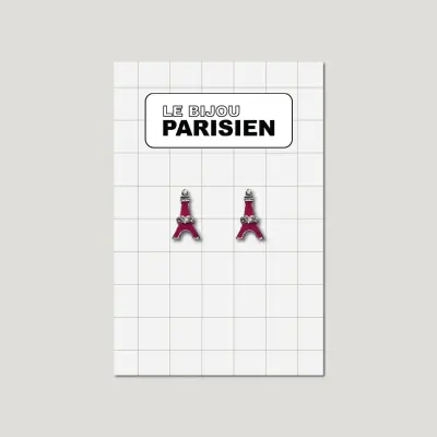 BOUCLES D'OREILLES TOUR EIFFEL ÉMAILLÉES & STRASS - FUSHIA