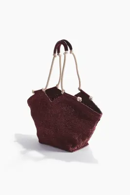 Tote bag en paille avec détail cordon - Bordeaux