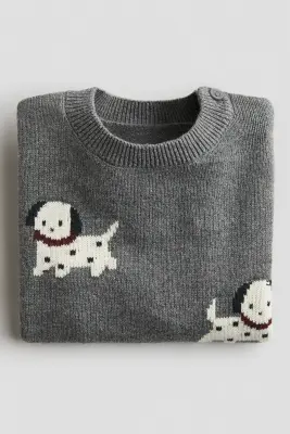 Pull en maille de coton jacquard - Gris chiné/chiens