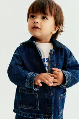 Veste en denim avec col en velours côtelé - Bleu denim foncé