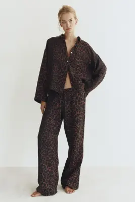 Pyjama en mousseline de coton - Marron foncé/imprimé léopard