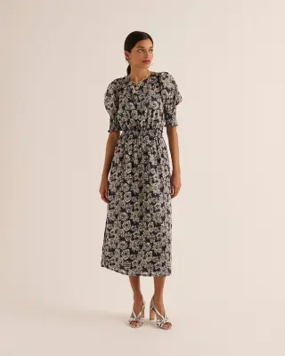 Robe Célesta imprimé flower party rayures marine et écru