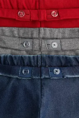 Lot de 3 leggings en coton - Rouge/gris chiné/bleu denim