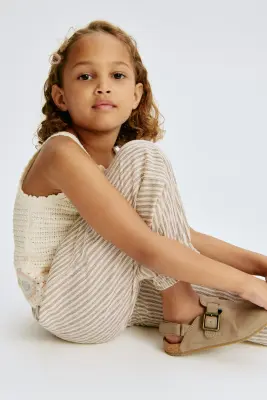Pantalon en jersey texturé - Beige/rayé