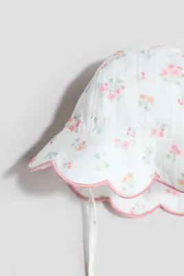 Chapeau de soleil brodé en mousseline - Blanc/fleuri