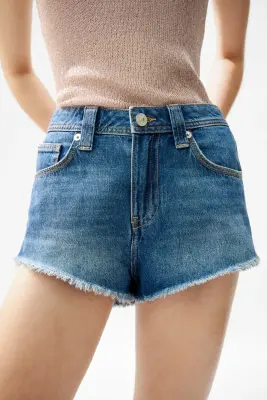 Short frangé en denim - Bleu denim