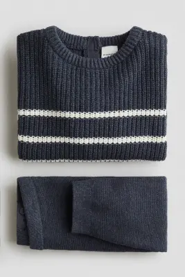 Ensemble 2 pièces en maille de coton - Bleu marine/rayures blanches